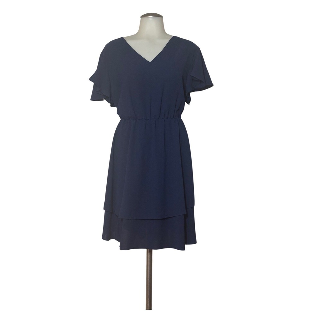 Flutter Sleeve Tiered Mini Dress Women XL Navy Blue V-Neck Flowy NEW w/o tag FUN